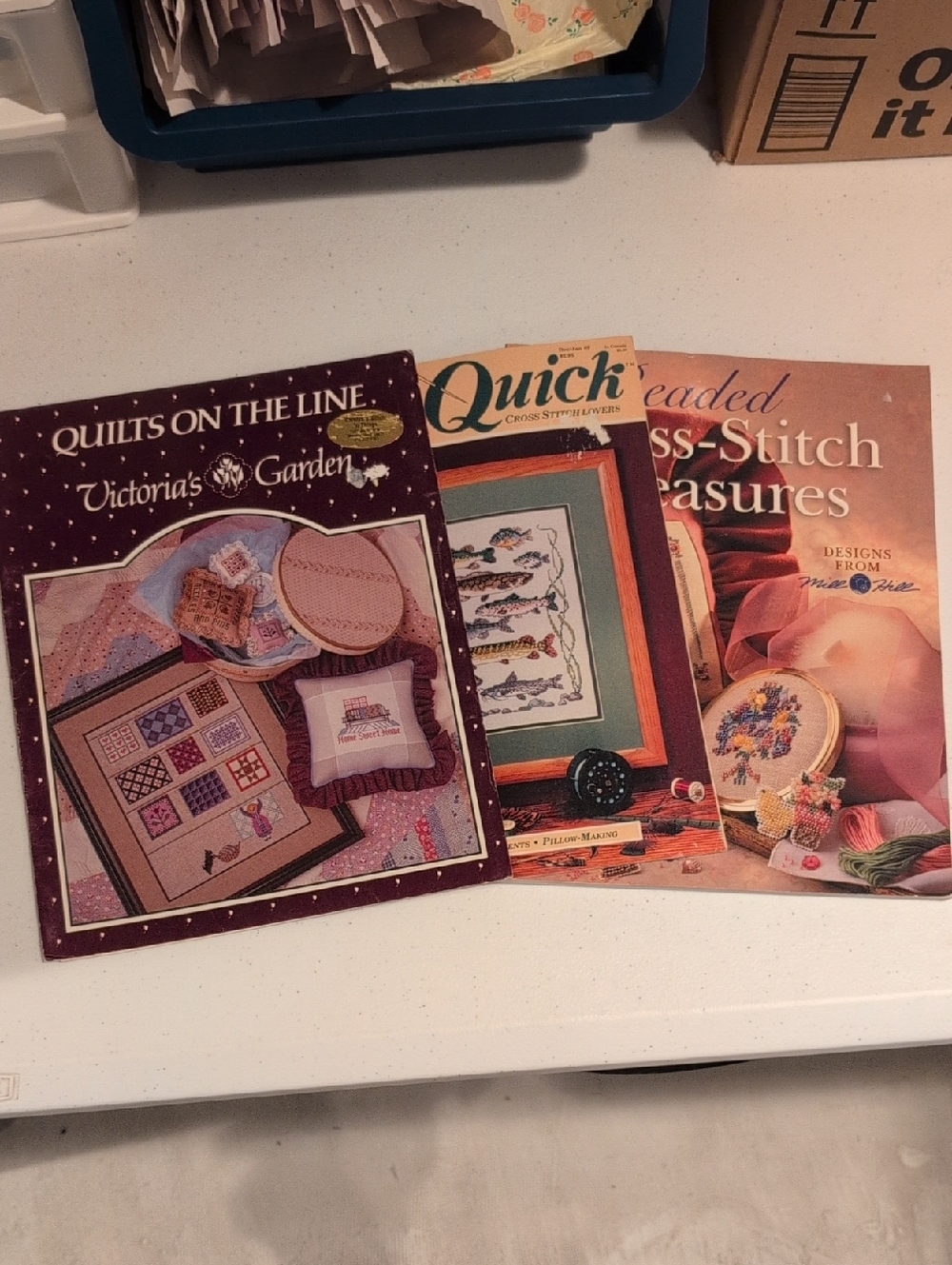 Quilting & Cross-Stitch Pattern Book Lot in Maroon, Peach, Cream